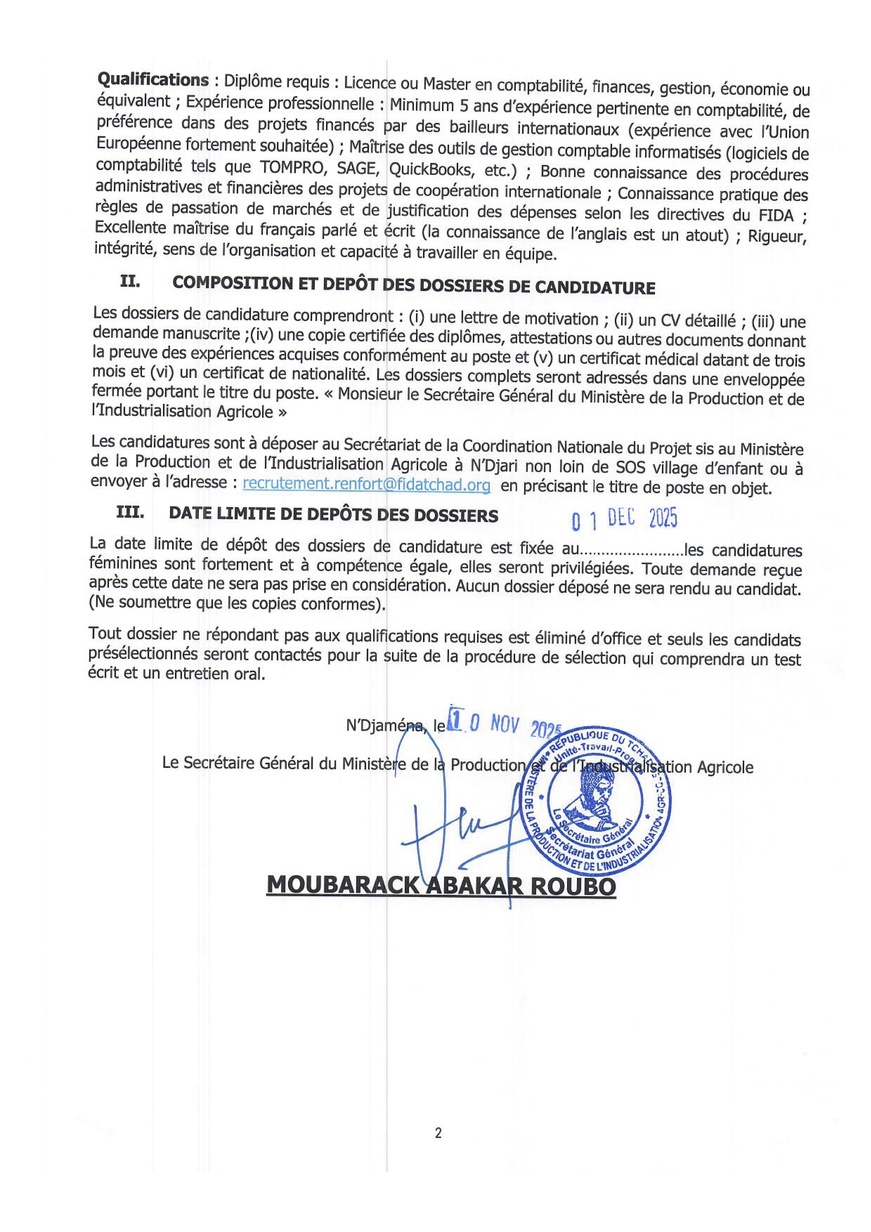 Tchad : Avis d'appel à candidature au poste d'un Comptable (Projet RENFORT) Tchad : Avis d'appel à candidature au poste d'un Comptable (Projet RENFORT)