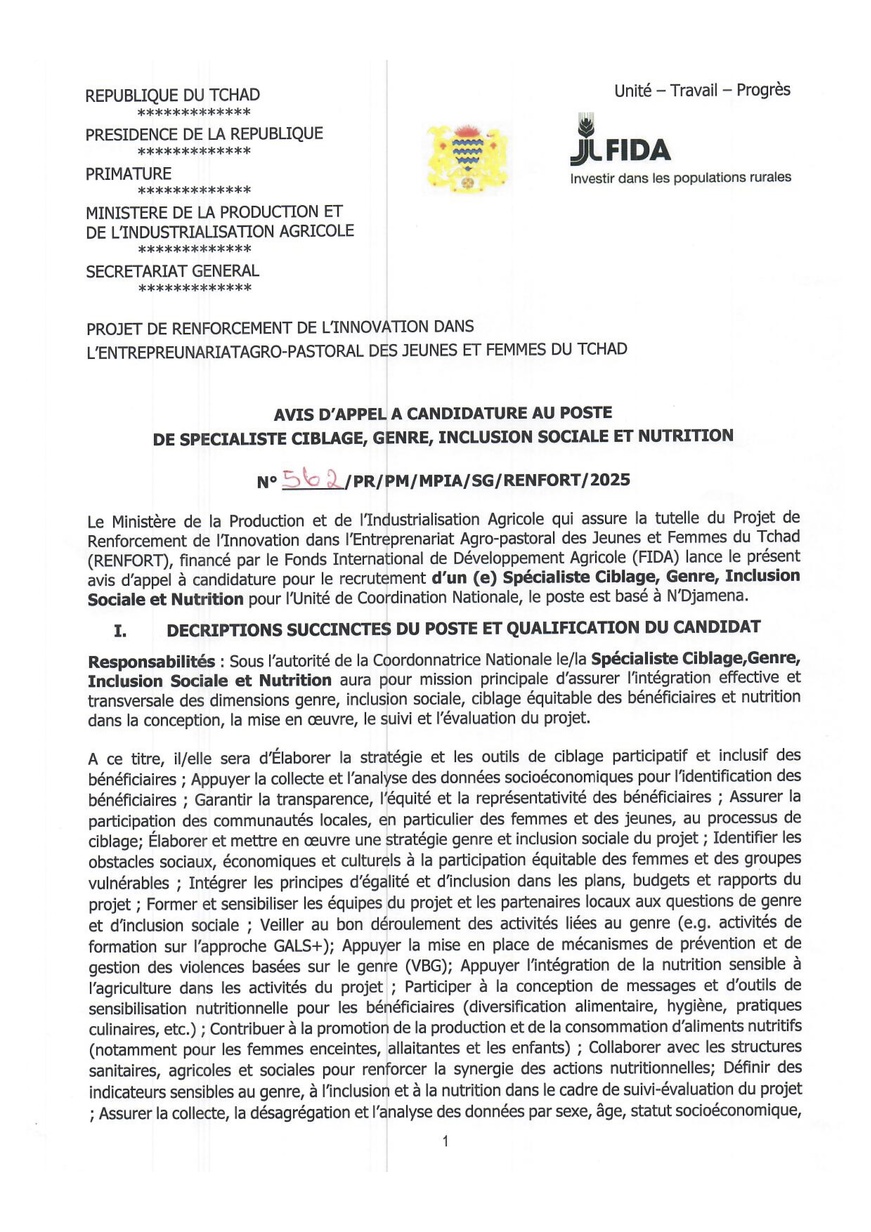 Tchad : Avis d'appel à candidature au poste de Spécialiste Ciblage, Genre, Inclusion Sociale et Nutrition (Projet RENFORT) Tchad : Avis d'appel à candidature au poste de Spécialiste Ciblage, Genre, Inclusion Sociale et Nutrition (Projet RENFORT)