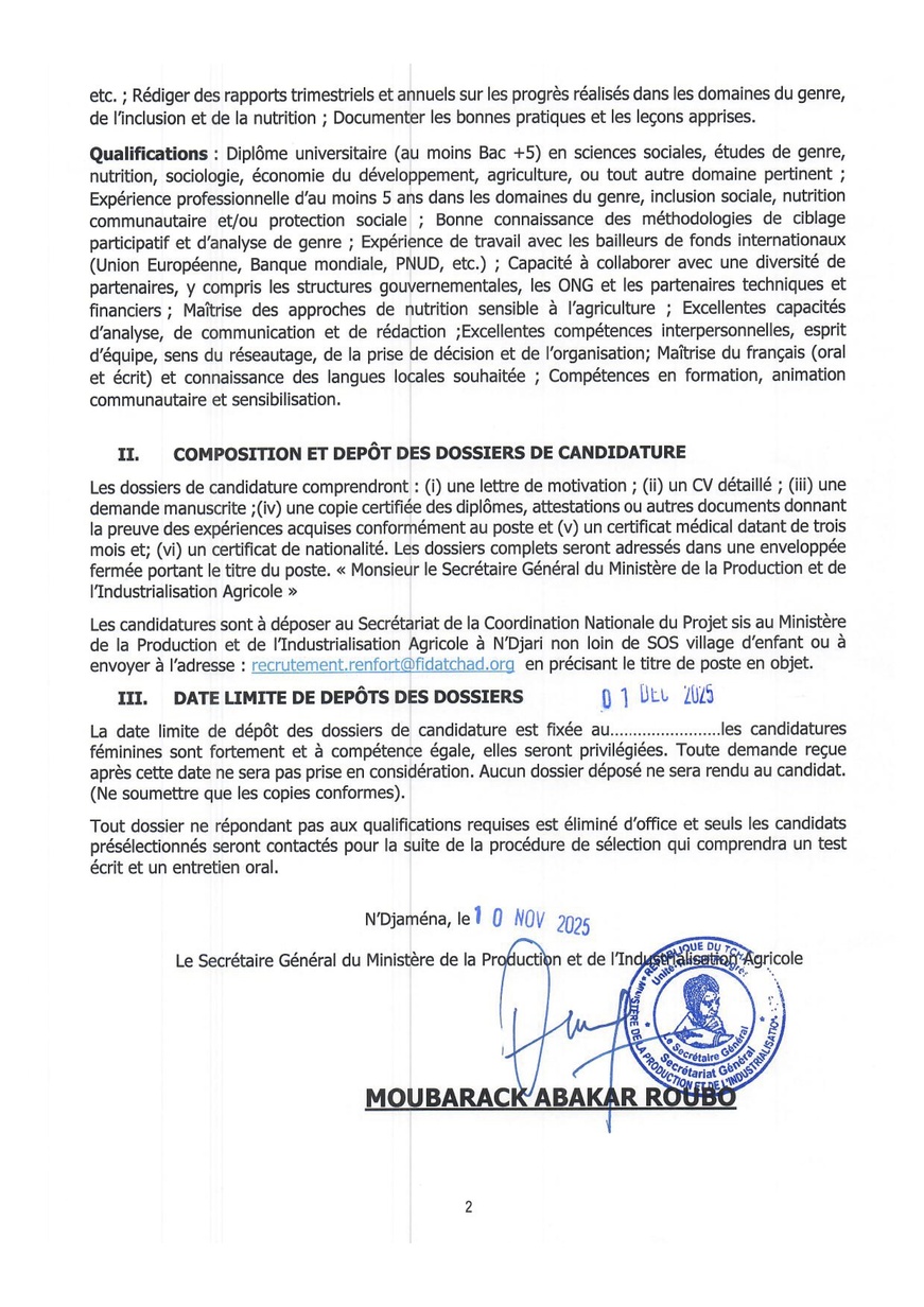 Tchad : Avis d'appel à candidature au poste de Spécialiste Ciblage, Genre, Inclusion Sociale et Nutrition (Projet RENFORT) Tchad : Avis d'appel à candidature au poste de Spécialiste Ciblage, Genre, Inclusion Sociale et Nutrition (Projet RENFORT)