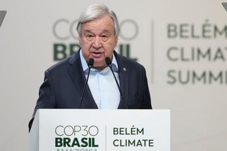António Guterres prend la parole lors du sommet COP30 jeudi. Photo : Eraldo Peres/AP