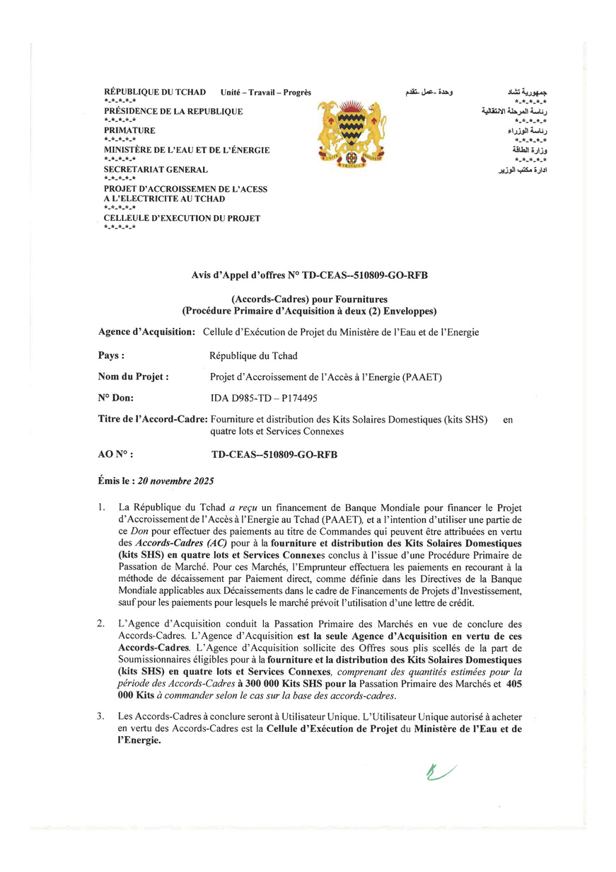 Tchad : Avis d'Appel d'Offres pour Fournitures de Kits Solaires Domestiques (Projet PAAET)