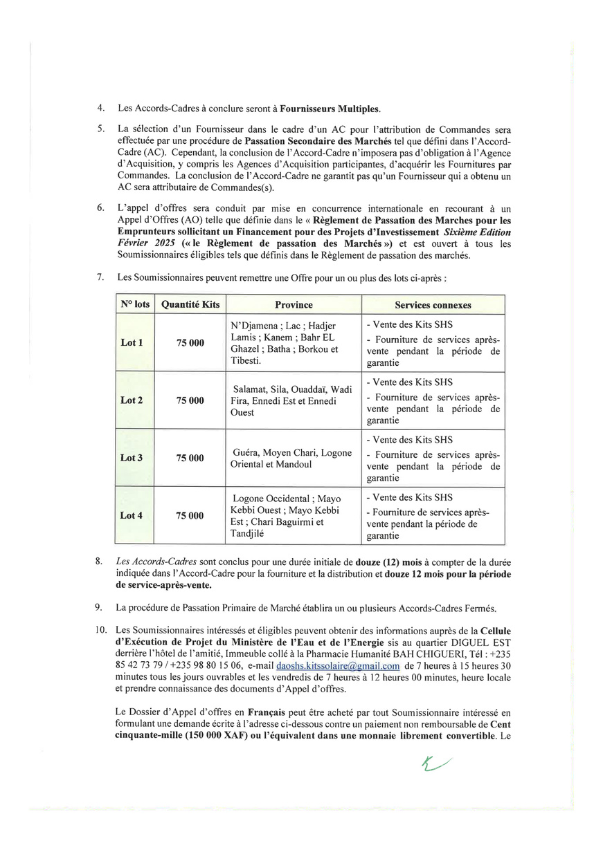 Tchad : Avis d'Appel d'Offres pour Fournitures de Kits Solaires Domestiques (Projet PAAET)