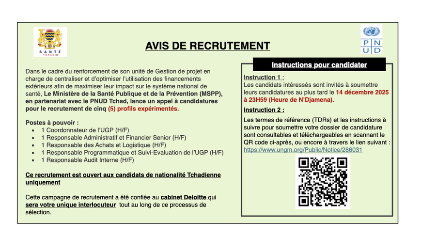 Tchad : Avis de recrutement – 5 postes clés au sein de l’UGP du Ministère de la Santé Publique et de la Prévention Tchad : Avis de recrutement – 5 postes clés au sein de l’UGP du Ministère de la Santé Publique et de la Prévention