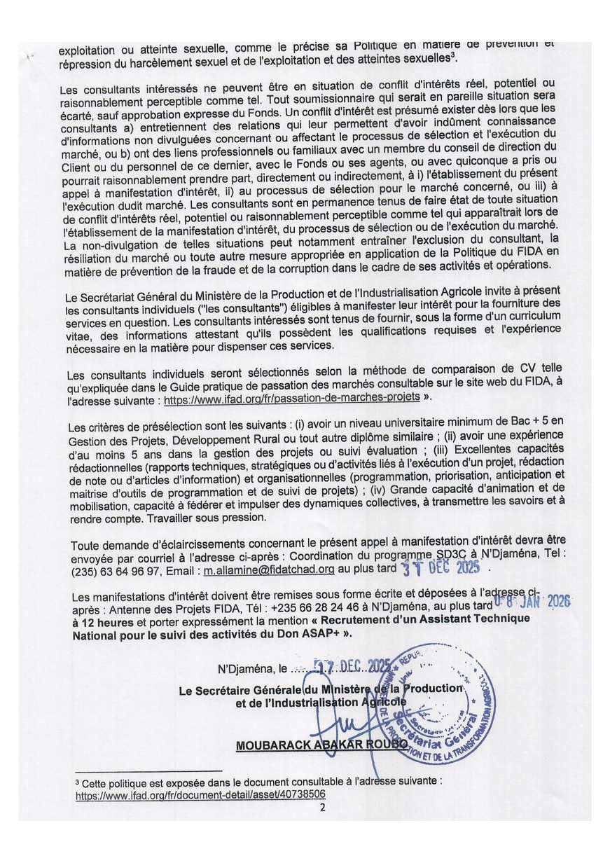 Tchad : Recrutement d'un Assistant Technique National pour le suivi des activités du Don ASAP+ (Programme SD3C) Tchad : Recrutement d'un Assistant Technique National pour le suivi des activités du Don ASAP+ (Programme SD3C)