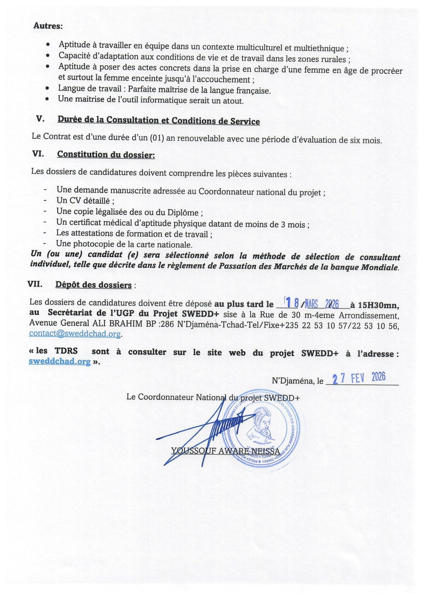 Tchad : Le Projet SWEDD+ recrute sages-femmes/maïeuticiens pour renforcer la santé maternelle