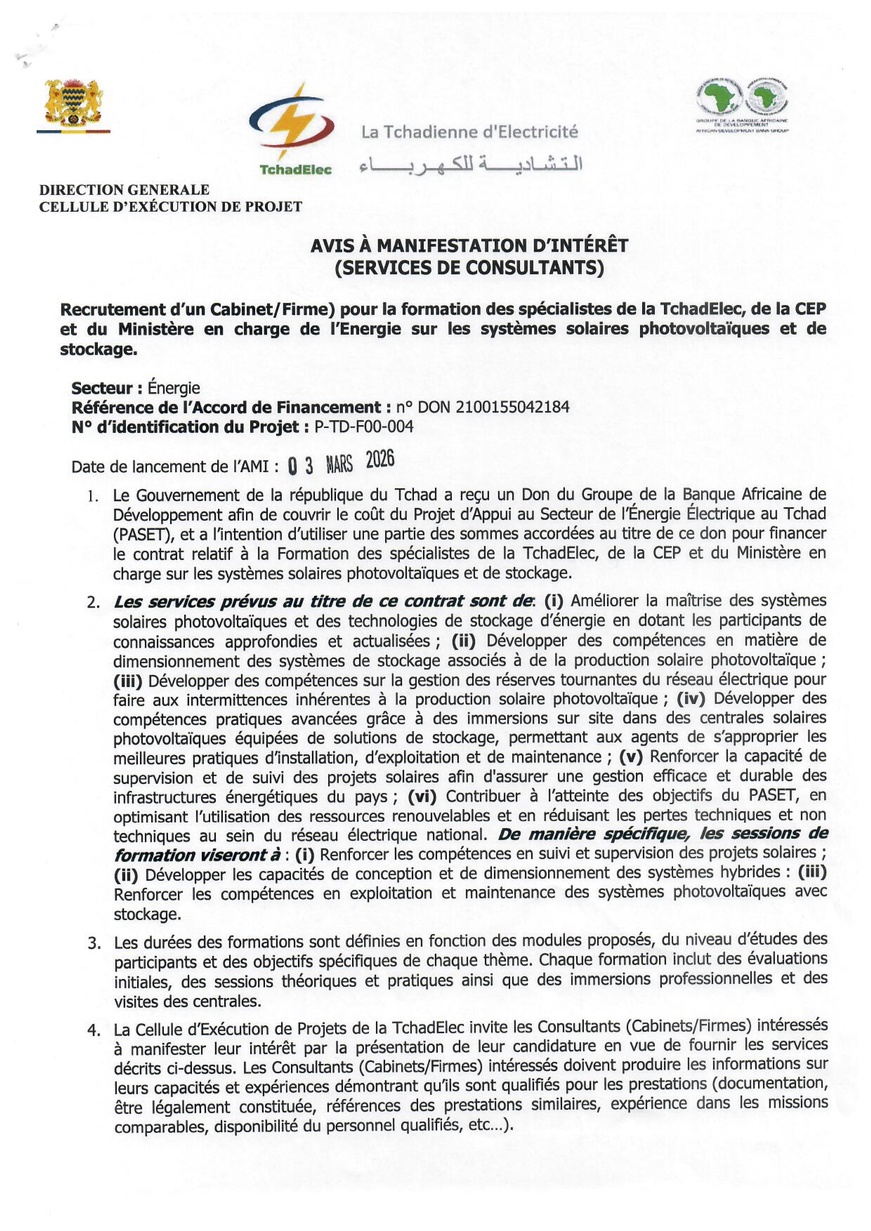 Tchad : TchadElec lance un appel à manifestation d’intérêt pour former des spécialistes en énergie solaire photovoltaïque Tchad : TchadElec lance un appel à manifestation d’intérêt pour former des spécialistes en énergie solaire photovoltaïque