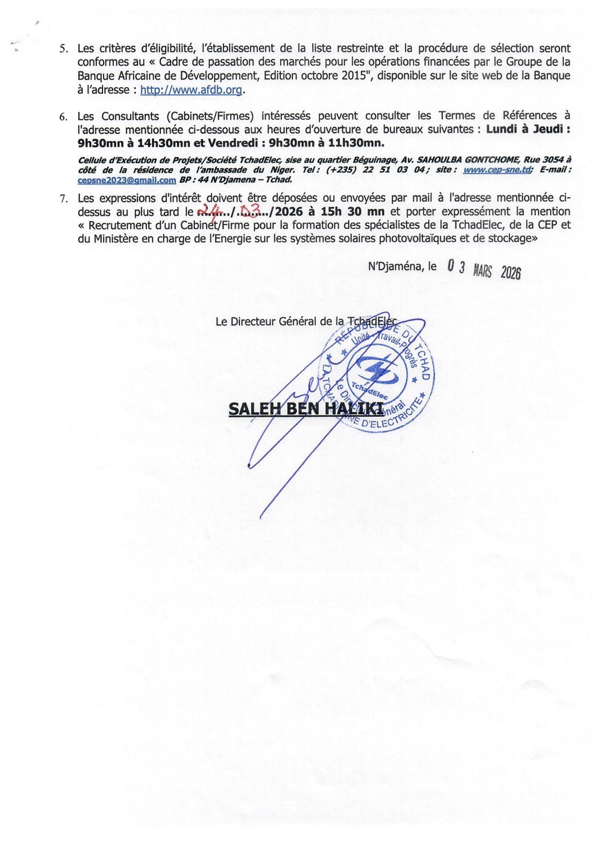 Tchad : TchadElec lance un appel à manifestation d’intérêt pour former des spécialistes en énergie solaire photovoltaïque