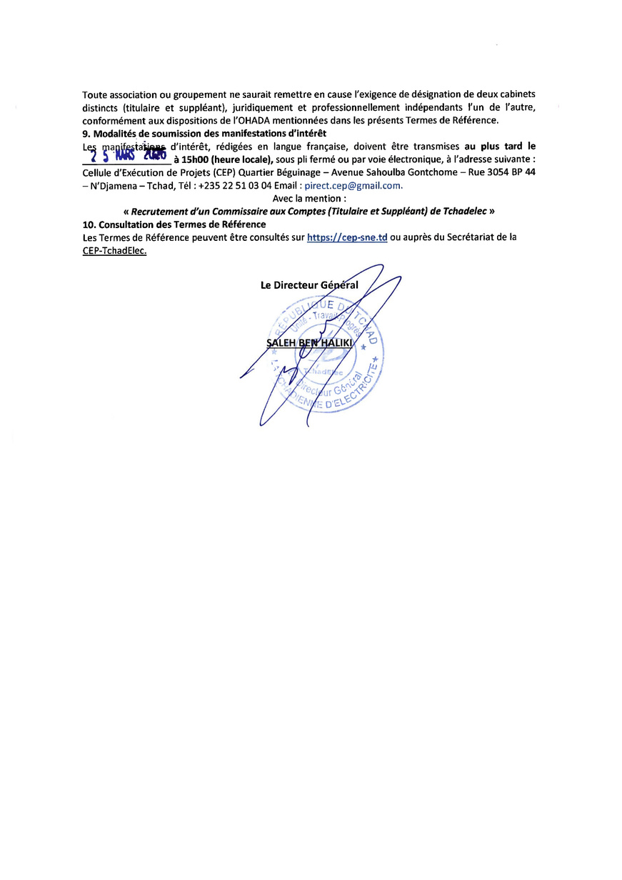 Tchad : Appel à Manifestation d'Intérêt pour le recrutement d'un Commissaire aux Comptes (Projet PAAET/TchadElec)