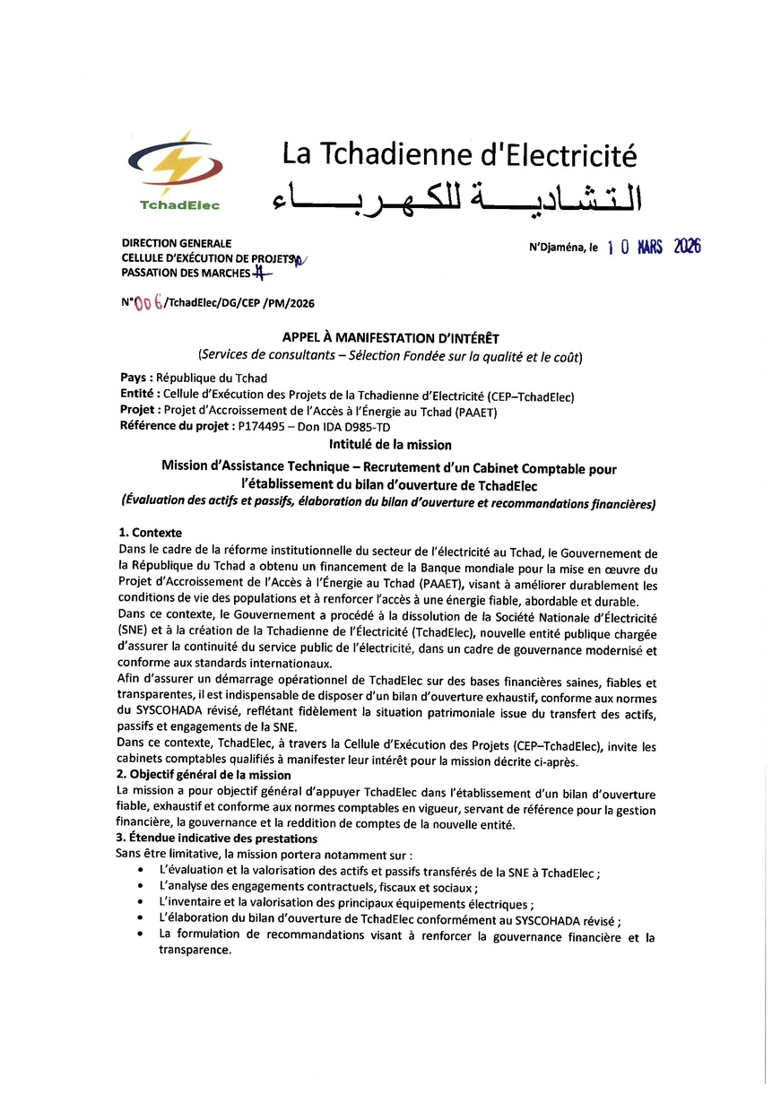Tchad : Appel à Manifestation d'Intérêt pour le recrutement d'un Cabinet Comptable (Projet PAAET/TchadElec)