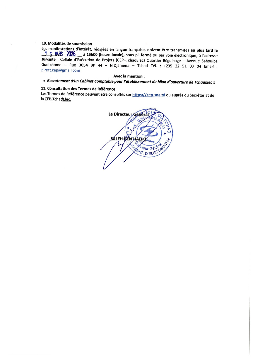 Tchad : Appel à Manifestation d'Intérêt pour le recrutement d'un Cabinet Comptable (Projet PAAET/TchadElec) Tchad : Appel à Manifestation d'Intérêt pour le recrutement d'un Cabinet Comptable (Projet PAAET/TchadElec)