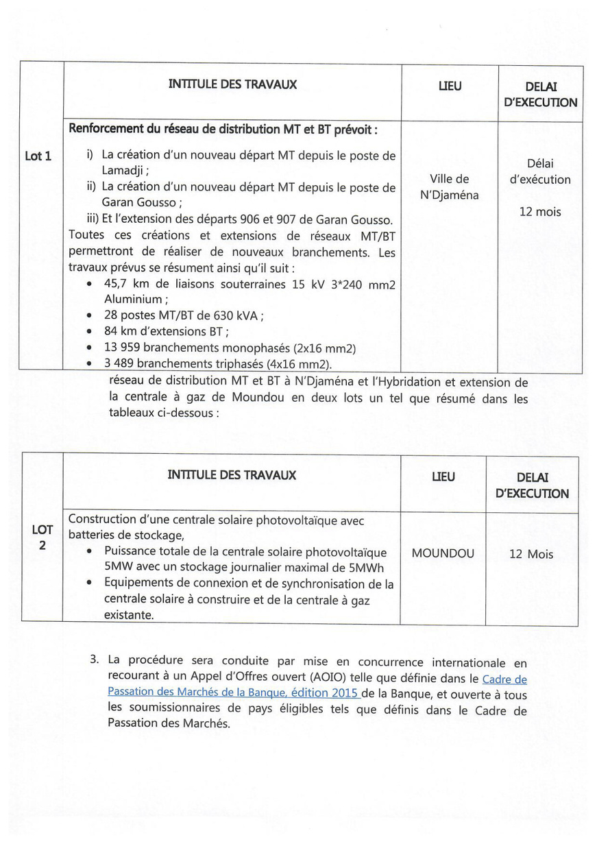AAO pour le renforcement du réseau de distribution MT et BT à N'Djamena et hybridation et extension de la centrale à gaz à Moundou