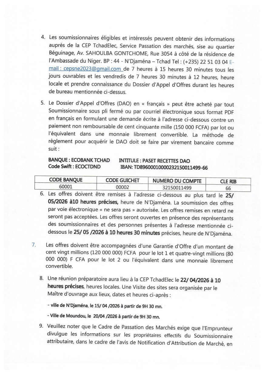 AAO pour le renforcement du réseau de distribution MT et BT à N'Djamena et hybridation et extension de la centrale à gaz à Moundou