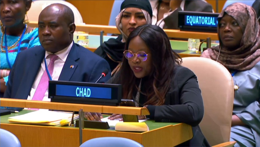 Déclaration nationale du Tchad : discours prononcé par la ministre d’État, ministre de la Protection de la femme et de la Petite enfance, Kotoko Gata Nalu, devant l’Assemblée générale des Nations Unies. Photo : ONU.