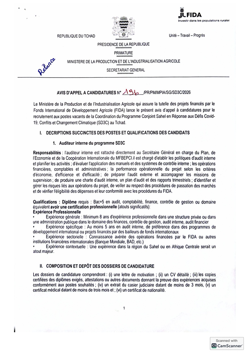 Tchad : Recrutement d'un Auditeur Interne dans le cadre du Programme SD3C Tchad : Recrutement d'un Auditeur Interne dans le cadre du Programme SD3C