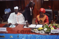 Une attitude du Ministre camerounais de la communication(Issa Tchiroma Bakary)à droite de madame la ministre des postes et télécommunications(Libom Li Likeng),signant la convention de cession