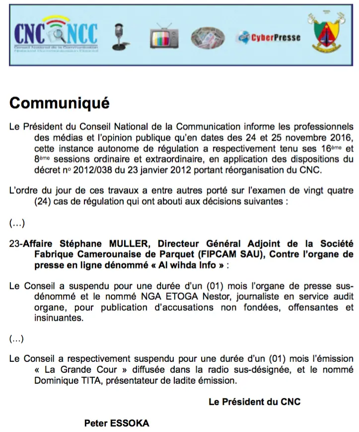 CAMEROUN - Sanctions en série contre la presse par le Conseil national de la communication