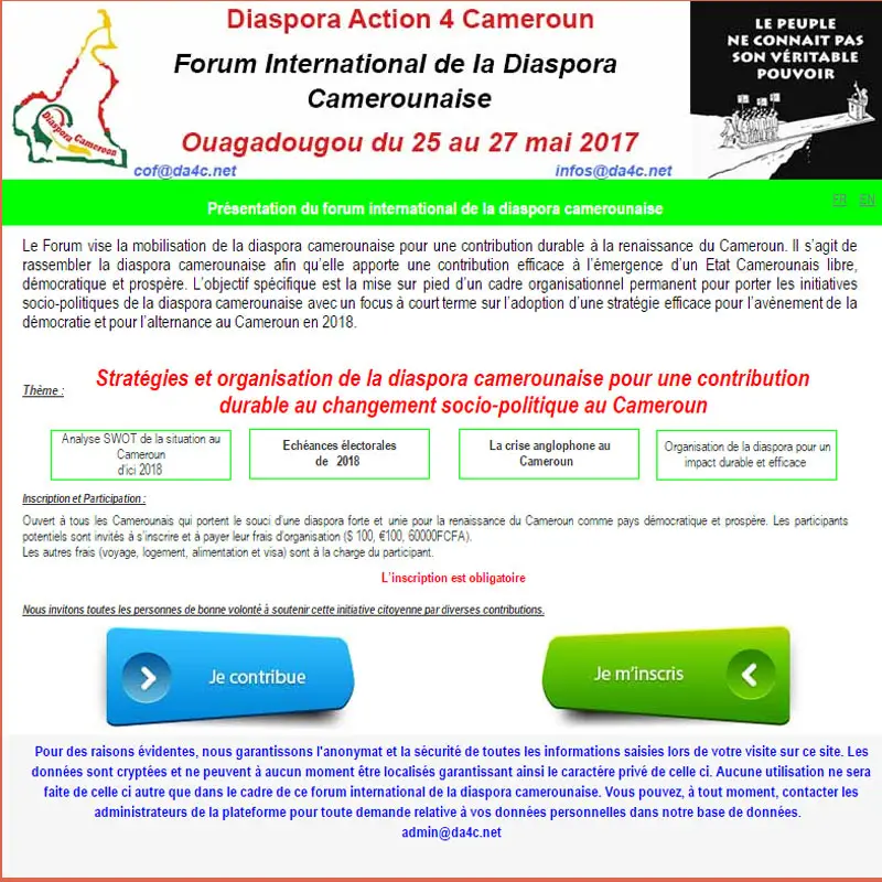 Le forum international  de la diaspora  camerounaise annoncé du 25 au 27 mai 2017 à Ouagadougou au Burkina faso