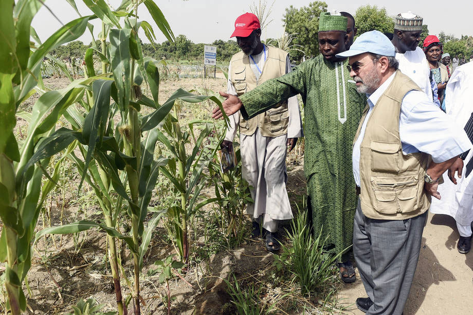 Le Directeur général de la FAO, José Graziano da Silva (à droite), début d’avril 2017, a visité certaines des régions les plus touchées par la faim et la pauvreté au Tchad et dans le nord-est du Nigéria. Photo FAO/Pius Utomi Ekpei