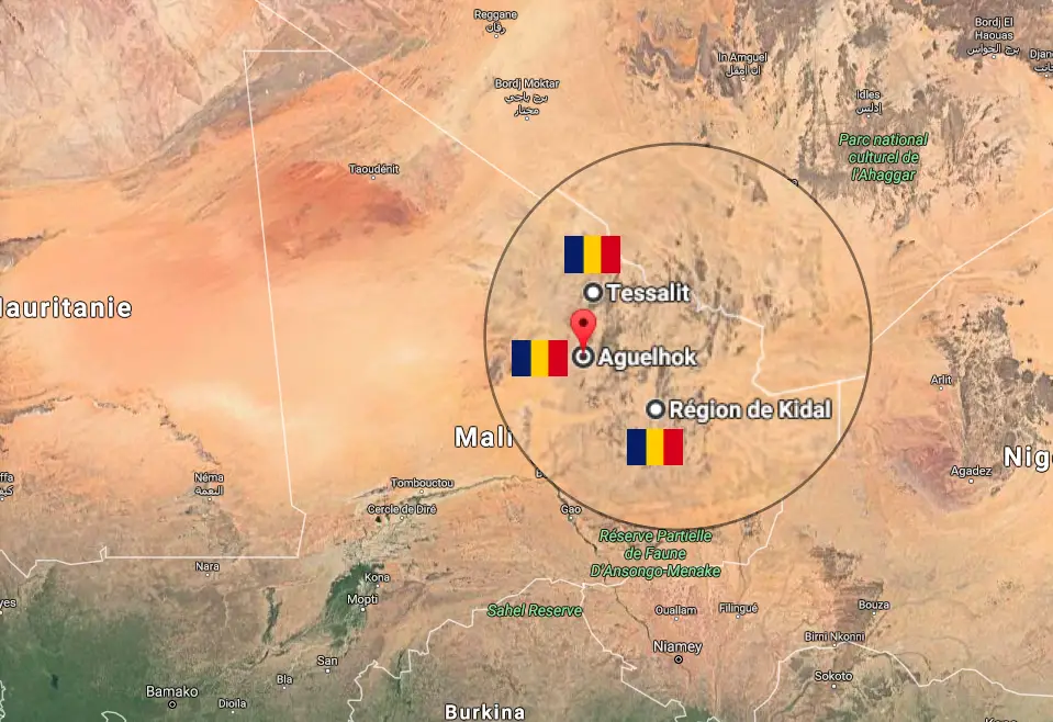 Les zones de déploiement de l'armée tchadienne au Mali /Maps google