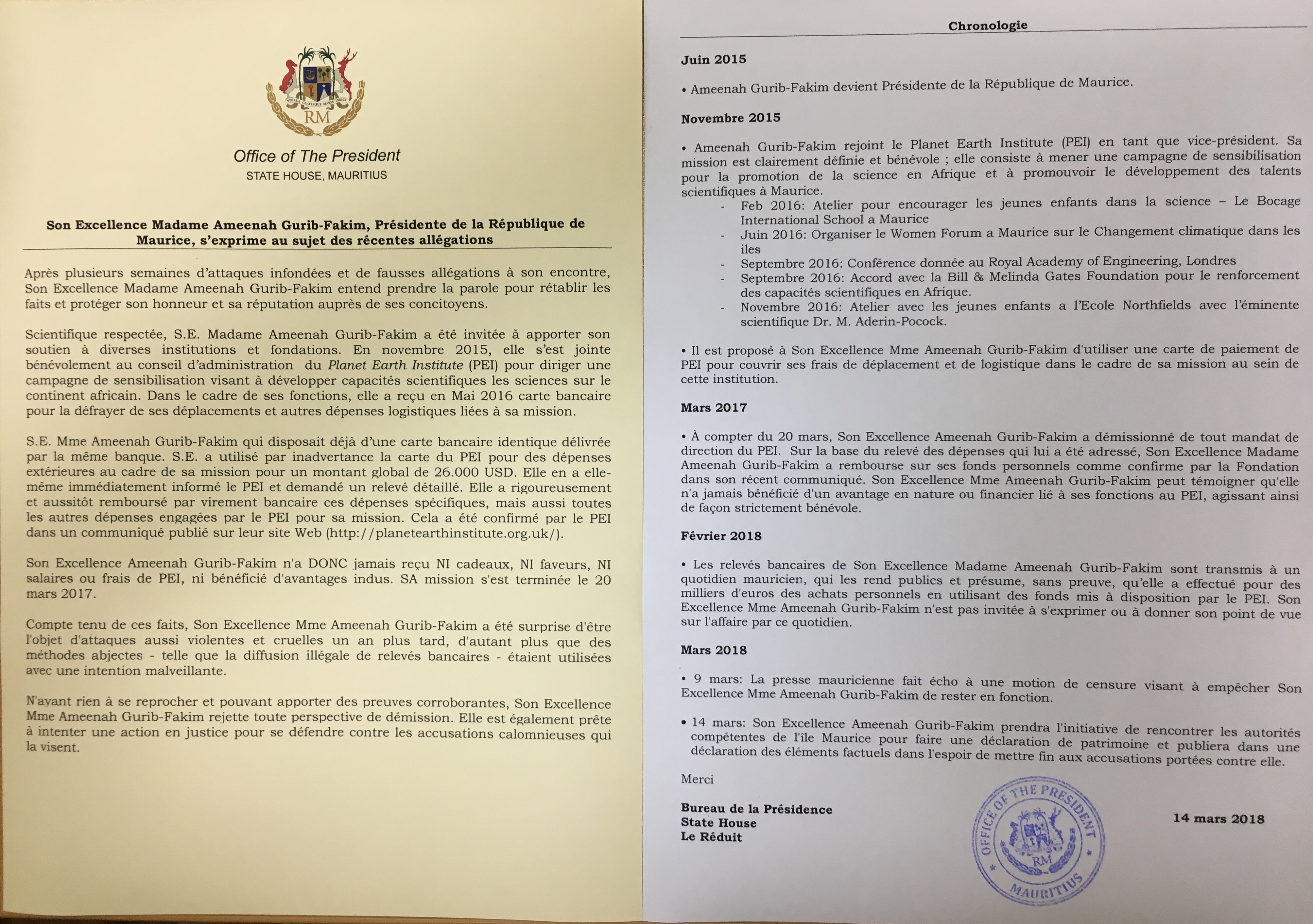 La présidente de Maurice, Ameenah Gurib-Fakim "rejette toute perspective de démission" (déclaration) La présidente de Maurice, Ameenah Gurib-Fakim "rejette toute perspective de démission" (déclaration)