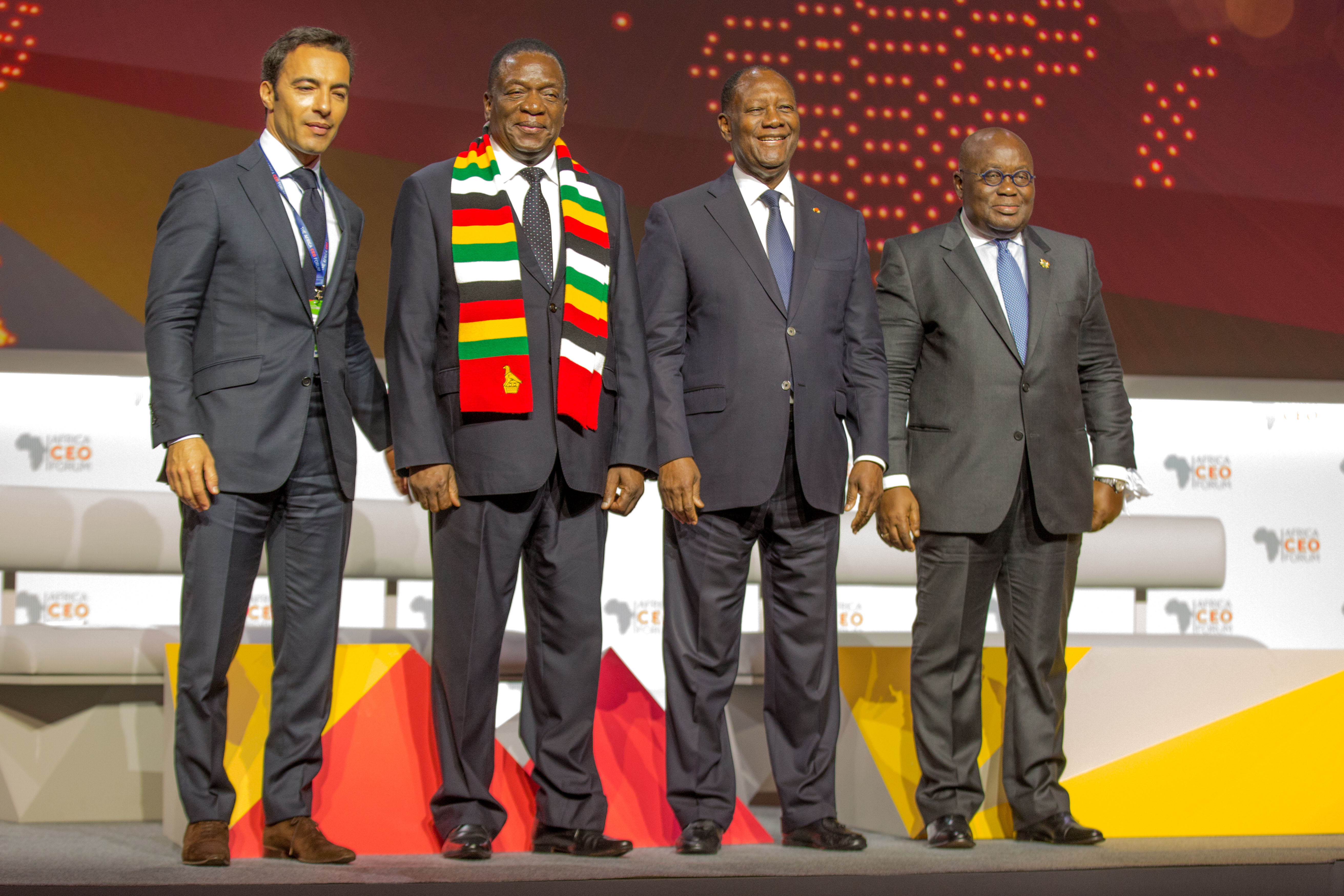 Ben Yahmed Amir, President du Africa CEO Forum, Emmerson Mnangagwa, President du Zimbabwe, Alassane Ouattara, President de Cote d'Ivoire, Akufo-Addo Nana, President du Ghana