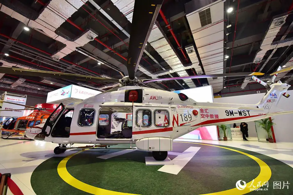 The AgustaWestland AW189 helicopter worth 200 million yuan is the most expensive product displayed at the CIIE. Photo by Weng Qiyu from People’s Daily Online