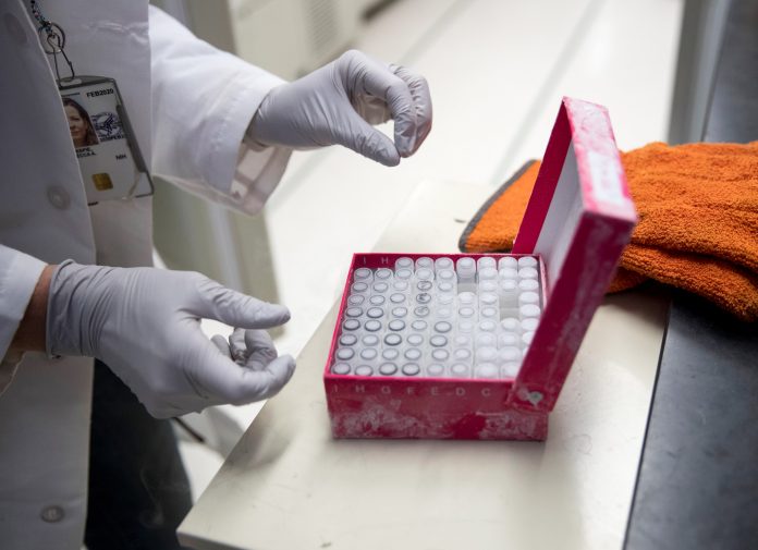 Un chercheur travaillant avec des souches congelées du virus de la grippe au Vaccine   Research Center des National Institutes of Health au Maryland. (© Carolyn Kaster/AP Images)