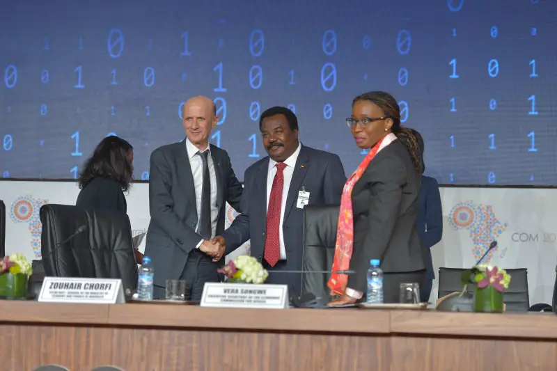 (From left to right) Zouhair Chorfi, Secretary general of the Ministry of Economy and Finance, Morocco, newly elected Chair of the bureau of the committee of experts; HE Elsadig Bakheit Elfaki Abdalla, Chair of the outgoing bureau of the committee of experts; Vera songwe, Executive Secretary of the UN Economic Commission for Africa.