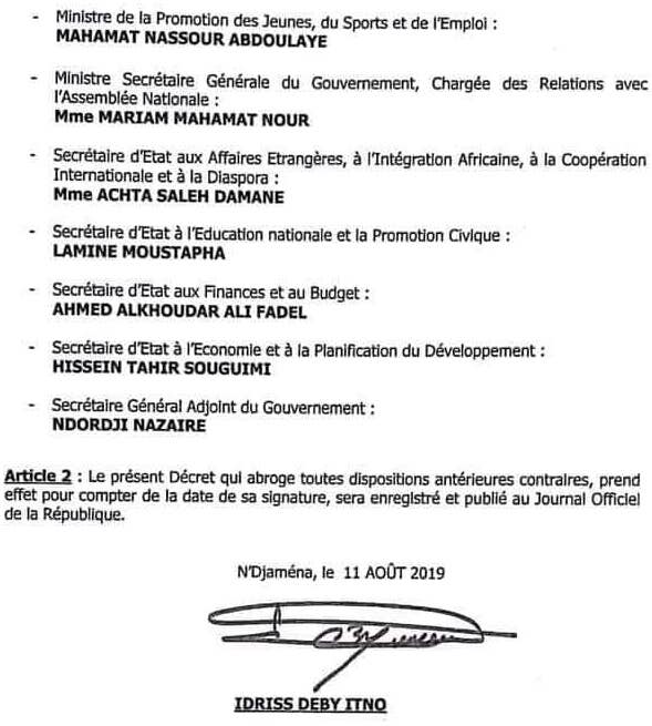 Tchad : liste du nouveau gouvernement du 11 août 2019 Tchad : liste du nouveau gouvernement du 11 août 2019
