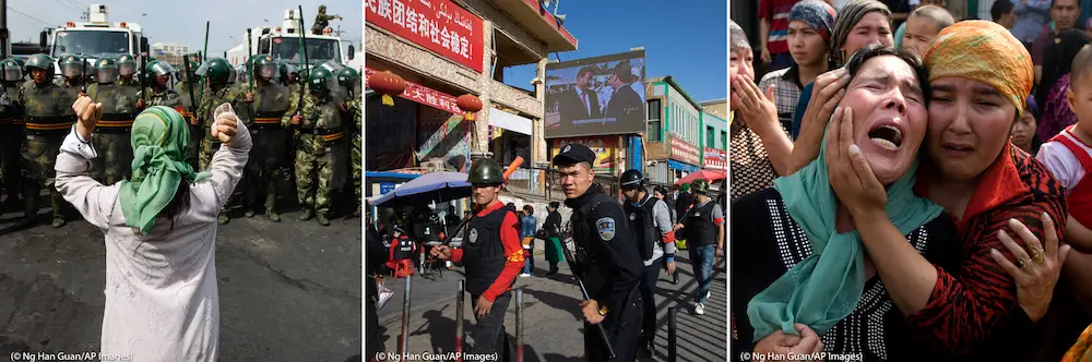 Une Ouïgoure manifeste face à un groupe de policiers paramilitaires ;  des civils armés patrouillent devant le marché à Hotan ; et des femmes   pleurent les hommes de leurs familles enlevés par le gouvernement.   (© Ng Han Guan/AP Images)