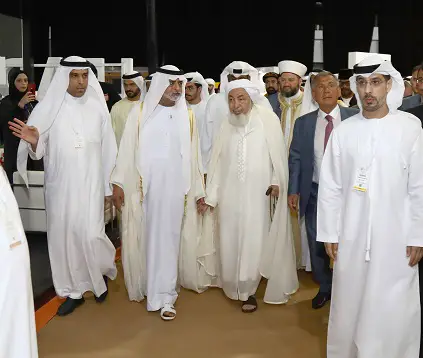 HE Sheikh Nahyan bin Mubarak Al Nahyan touring the WTS collocating exhibition, accompanied by Dawood Al Shezawi, Chairman of the Organizing Committee of the WTS (right) and HE Sheikh Abdulla bin Bayyah, Chairman of the UAE Fatwa Council, and HE Rustem Nurgalevich Menekhanov, President of the Republic of Tatarstan (left). (Photo : AETOSWire).