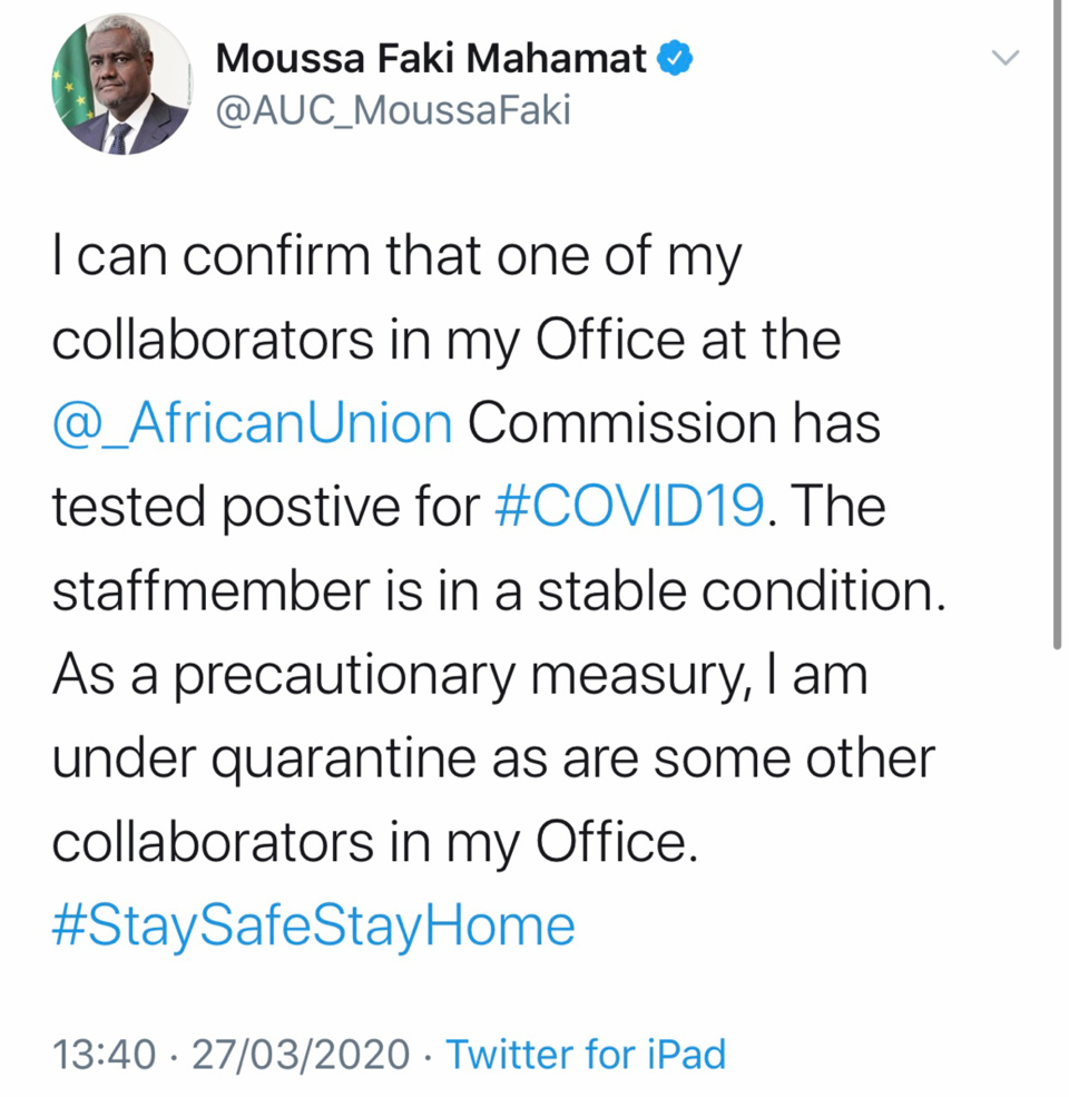 Covid-19 : Moussa Faki annonce être en quarantaine, un collaborateur à lui testé positif