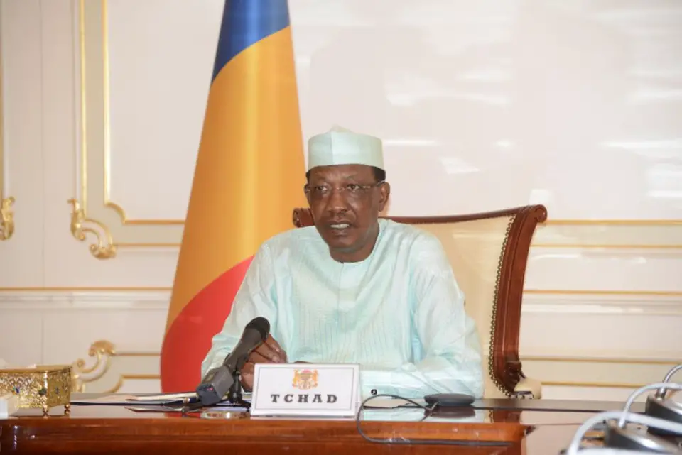 Le président tchadien Idriss Déby le 28 avril 2020 lors d'une visioconférence. © PR