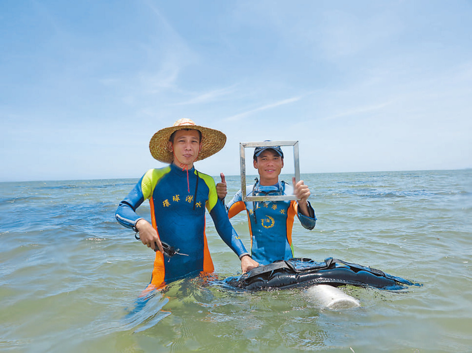 Researchers of the institute restore seagrass meadows. (Photo courtesy of an institute of marine ecology under Hainan Academy of Ocean and Fisheries Sciences)