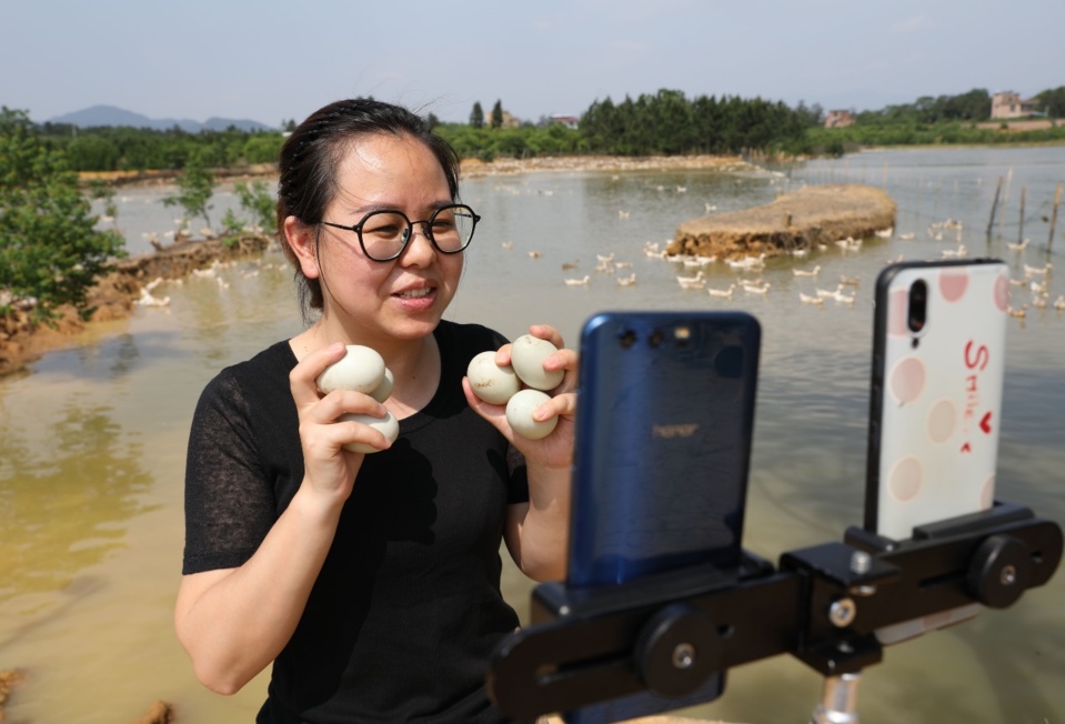 An online salesperson of an e-commerce company introduces duck eggs to customers through online streaming in Shangdu village, Xianglinpu township, Daoxian county in central China’s Hunan province on May 5. Photo by He Hongfu/People’s Daily Online
