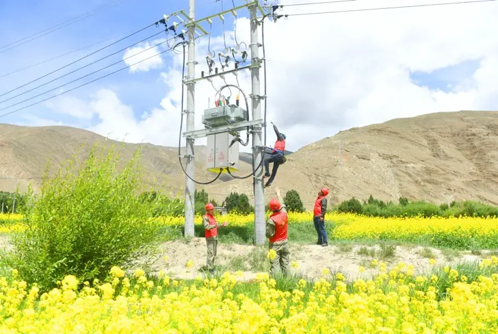 Employees of the Xiangyang branch of China's State grid in Central China's Hubei Province overhaul rural power network in Gyaimain township, Qonggyai county, Shannan of Tibet Autonomous Region on July 9. Photo by Song Weixing/People's Daily Online
