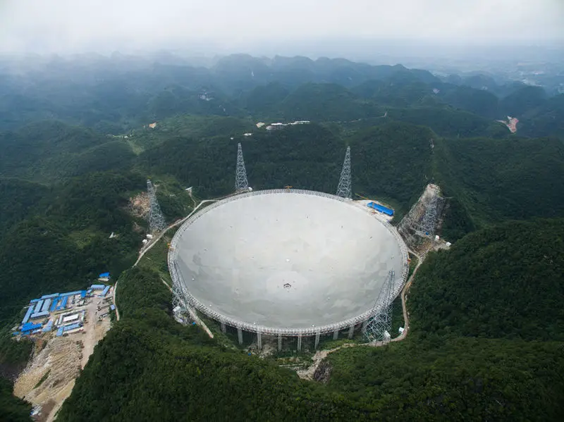 Photo shows the world’s largest filled-aperture radio-telescope, the Five-hundred-meter Aperture Spherical Telescope (FAST) in Qiannan Buyei and Miao autonomous prefecture, southwest China’s Guizhou province. （Photo by Deng Gang/People’s Daily Online）