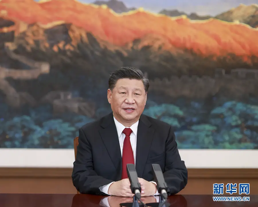 Chinese President Xi Jinping attends the Asia-Pacific Economic Cooperation CEO Dialogues via video link in Beijing and delivers a keynote speech titled “Fostering a New Development Paradigm and Pursuing Mutual Benefit and Win-win Cooperation,” Nov. 19. (Photo by Li Xueren /Xinhua News Agency)
