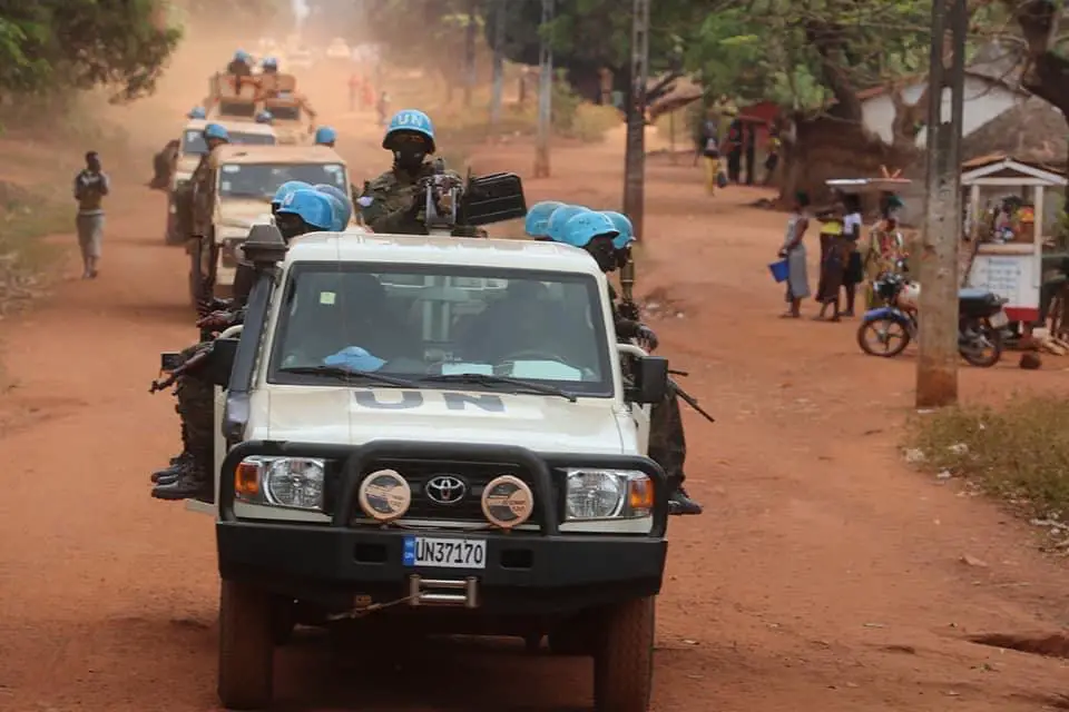 Un convoi de casques bleus le 16 janvier 2021 à Bangassou, au Sud-est de la Centrafrique. © Leonel Grothe/UN/MINUSCA