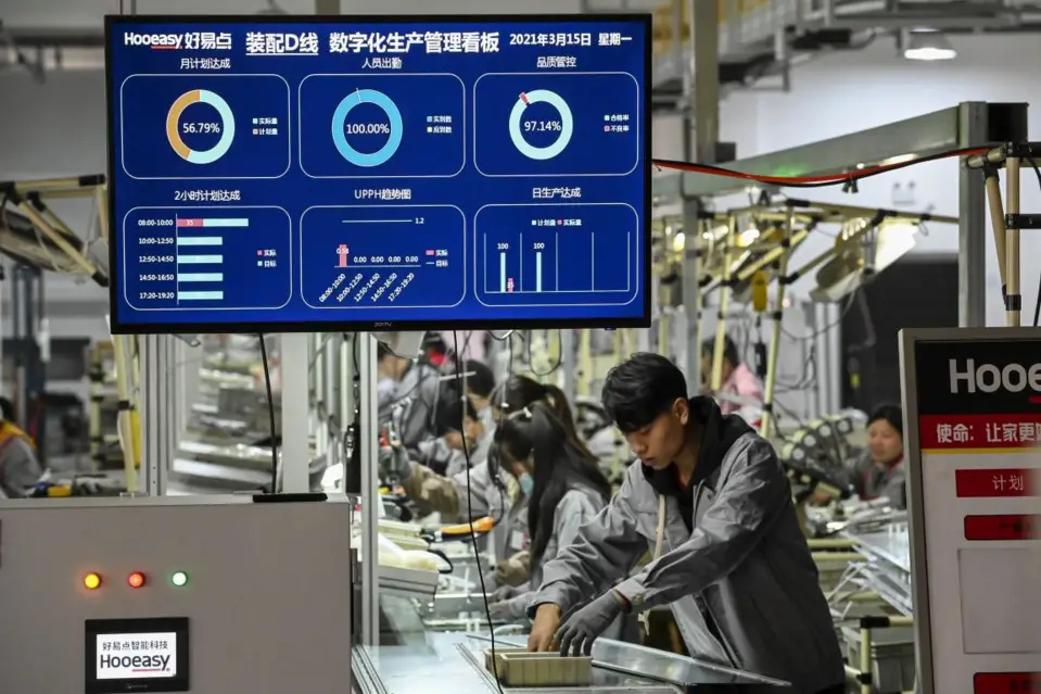 Production data are presented on a screen of a digital management system at a factory in Jindong District, Jinhua, east China's Zhejiang Province, March 15, 2021. (Photo by Hu Xiaofei/People's Daily Online)