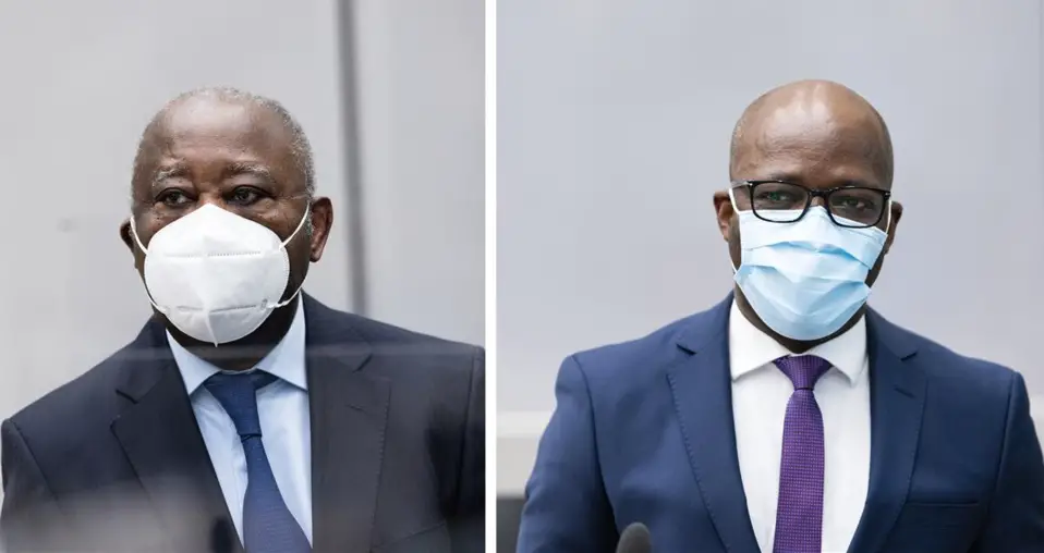Laurent Gbagbo et Charles Blé Goudé lors de l'audience tenue à la Cour pénale internationale le 31 mars 2021 pour le prononcé du jugement en appel © ICC-CPI