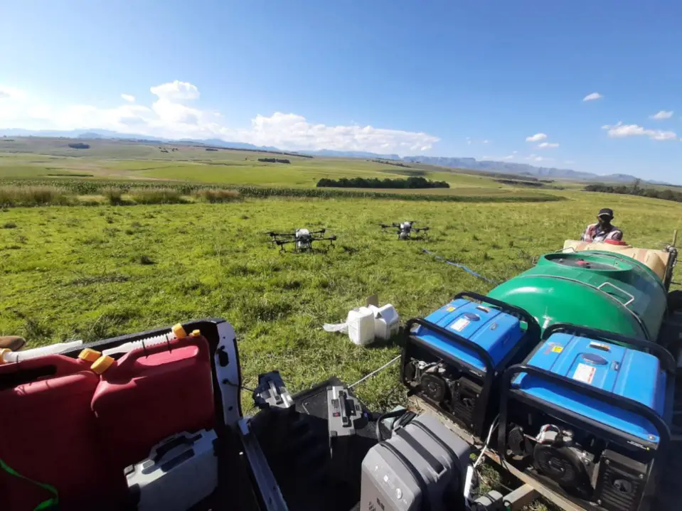 Local farmers employs DJI drones for spraying on a farm in Clanwilliam area of the Western Cape province, South Africa. (Photo by drone company Integrated Aerial Systems)