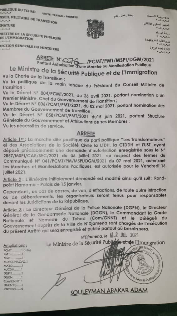 Tchad : la marche des Transformateurs et de la société civile est autorisée
