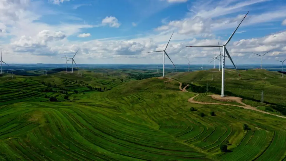Wind turbines rotate on the Bashang Grassland, Zhangjiakou, north China's Hebei province, July 6, 2021. (Photo by Chen Xiaodong/People's Daily Online)
