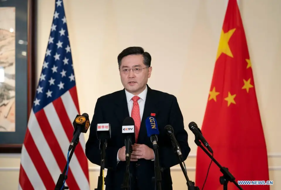China's new Ambassador to the United States Qin Gang makes remarks to Chinese and U.S. media upon arrival in the United States on July 28, 2021. (Xinhua/Liu Jie)