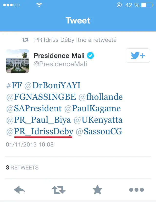 Twitter : La Présidence du Mali recommande le compte "fake" d'Idriss Déby