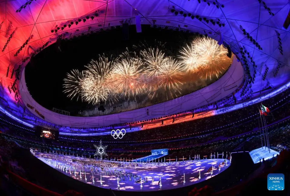 Fireworks illuminate the night sky over the National Stadium during the closing ceremony of the Beijing 2022 Olympic Winter Games in Beijing, capital of China, Feb. 20, 2022. (Xinhua/Cheng Tingting)