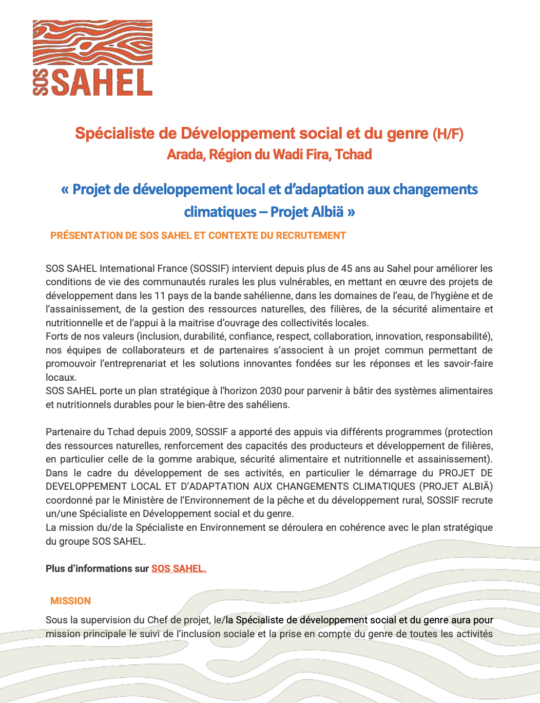 Tchad : SOS SAHEL International France (SOSSIF) recrute un(e) Spécialiste de Développement Social et du Genre (H/F) à Arada