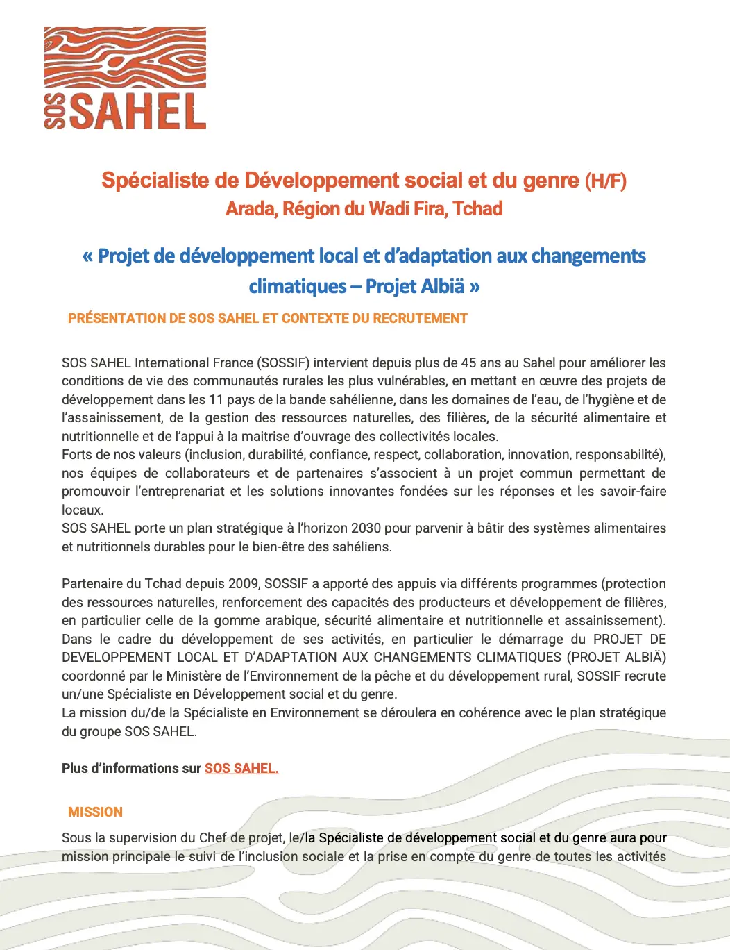 Tchad : SOS SAHEL International France (SOSSIF) recrute un(e) Spécialiste de Développement Social et du Genre (H/F) à Arada