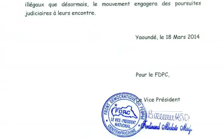 Centrafrique : Le FDPC lance un avertissement